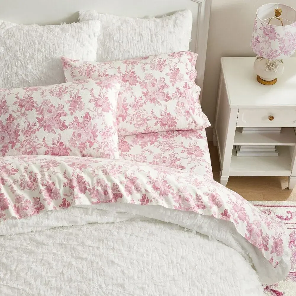 LoveShackFancy Garden Damask Organic Sheet Set Cotton Percale King Pink NEW